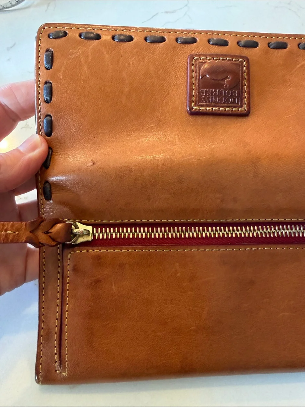 Dooney & Bourke Cognac Leather Tri Fold Wallet with Whipstitch Trim
